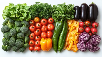 Fresh produce: A collection of vegetables set against a white backdrop, showcasing a diverse range of vegetables in various forms and colors, emphasizing their freshness and natural appeal.