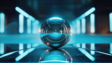 Futuristic metallic sphere with glowing neon lights in a modern environment, showcasing advanced design and technology.