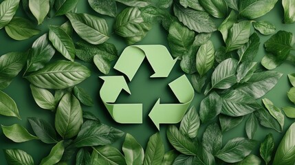 Green leaves with a recycling symbol, representing nature, sustainability, and environmental awareness in a harmonious setting.