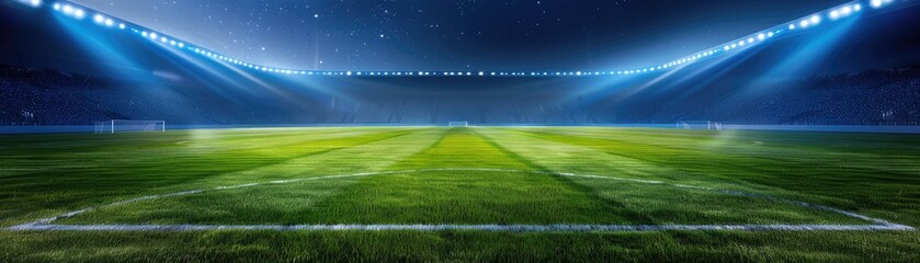 Wall Mural - Illuminated football field with vibrant green grass and bright stadium lights, perfect for sports imagery and event promotions.