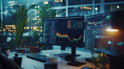 Modern workspace with dual monitors displaying financial data and charts, illuminated by city lights at night.