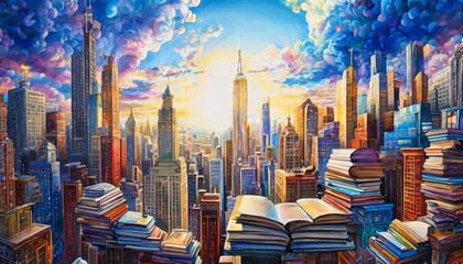 A vibrant, imaginative cityscape featuring towering skyscrapers under a glowing, colorful sky. Stacks of open books are integrated into the scene, adding a surreal, whimsical touch to the urban