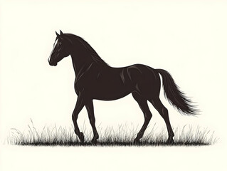 A majestic black horse gracefully walking through tall grass, showcasing its strength and elegance in a minimalist style.