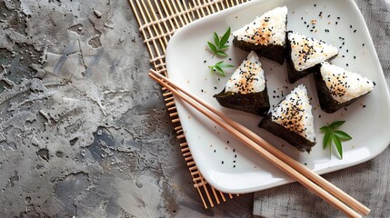 Japanese food. Onigiri on white plate with chopstick. 