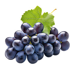 a fresh cluster of dark purple grapes with green leaves, perfect for healthy snacking or use in reci
