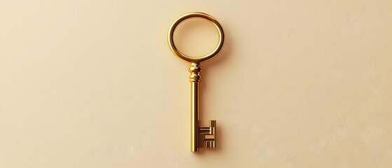 A vintage golden key resting on a soft beige surface, symbolizing opportunity, access, and security in a minimalist design.