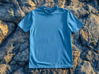 A plain blue t-shirt laid flat on a textured rock surface, showcasing its smooth fabric and versatile style for casual wear.