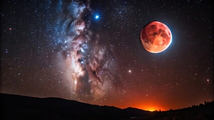 Wall Mural - Blood Moon Rising with the Milky Way and Stars