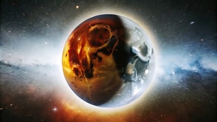 Wall Mural - A planet with a fiery half and a frozen half against a starry backdrop