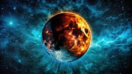 Wall Mural - A fiery planet with a blue and black nebula in the background