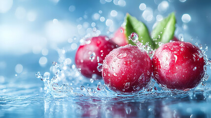 Fresh red plums splash in water, showcasing the vibrant color and juicy texture. Perfect for food or health-related imagery.