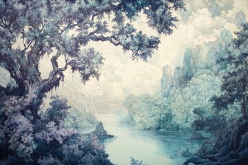 A Mystical Landscape with a Winding River and Mountainous Cliffs