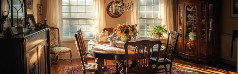 Sticker - A cozy dining room with a wooden table, floral centerpiece, and warm lighting.