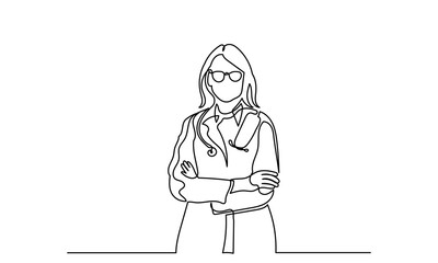 Wall Mural - Continuous line drawing of a female doctor standing crossed arms with a stethoscope.Concept of hospital and health care service vector illustration.