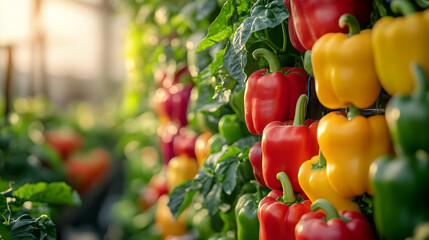 Vibrant bell peppers in various colors growing in a lush garden, showcasing fresh produce in natural light.