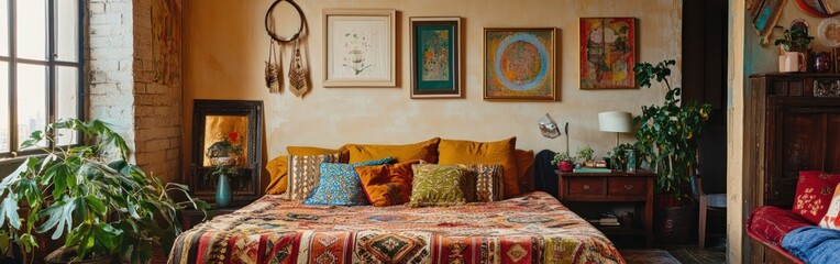 Wall Mural - Cozy bedroom with colorful decor, plants, and artwork, creating a warm and inviting atmosphere.