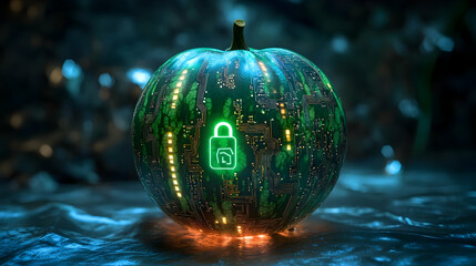 Poster - A surreal green apple featuring digital circuits and a glowing padlock, symbolizing technology, security, and innovation.