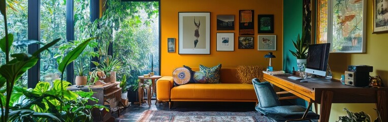 Canvas Print - A cozy living room with vibrant colors, plants, and artwork creating a welcoming atmosphere.