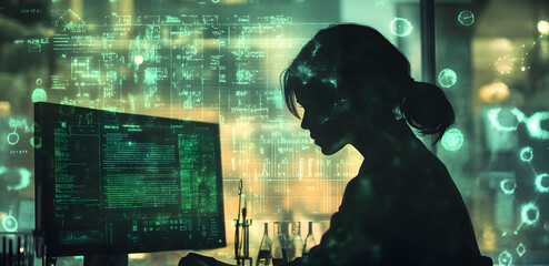 Poster - Silhouette of a woman working with digital data on a computer, symbolizing technology, innovation, and modern computing.