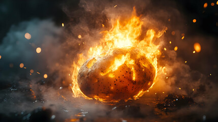 Poster - A fiery explosion of an egg, radiating intense flames and sparks, creating a dramatic and mesmerizing visual effect.