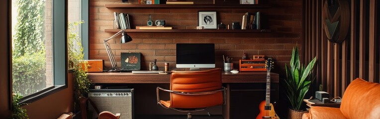 Poster - A cozy workspace featuring a desk, computer, guitar, and plants in a warm-toned interior.