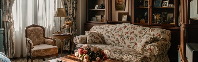 Sticker - Cozy living room with floral sofa, armchair, and wooden shelves filled with decor.