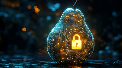 Poster - A futuristic pear-shaped object with a glowing lock symbol, representing security and technology in a digital world.