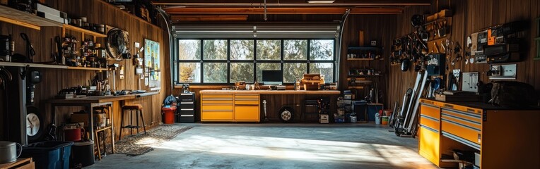 Poster - A spacious garage with tools and workbenches, designed for DIY projects and repairs.