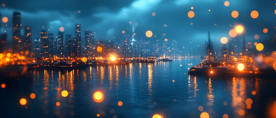 Wall Mural - A stunning cityscape at night, illuminated by reflections on water and glowing lights, creating a magical atmosphere.