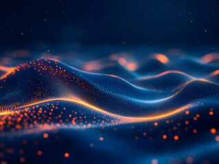 Poster - Abstract digital landscape with flowing waves and glowing particles, creating a mesmerizing visual experience in deep blue tones.