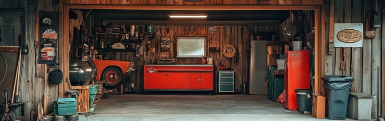 Poster - A well-organized garage featuring tools, a vintage car, and storage solutions.