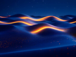 Poster - Abstract digital landscape featuring flowing waves illuminated by soft orange lights against a deep blue background.