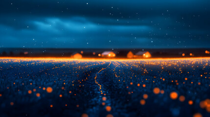 Poster - A mesmerizing twilight landscape featuring glowing orange dots in a blue field, creating an enchanting atmosphere.