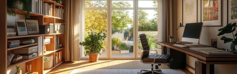 Sticker - A bright home office with a desk, chair, and plants near a large window.