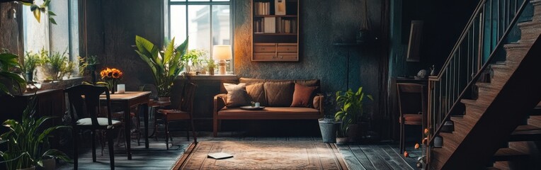 Wall Mural - Cozy living room with plants, a sofa, and a warm ambiance.