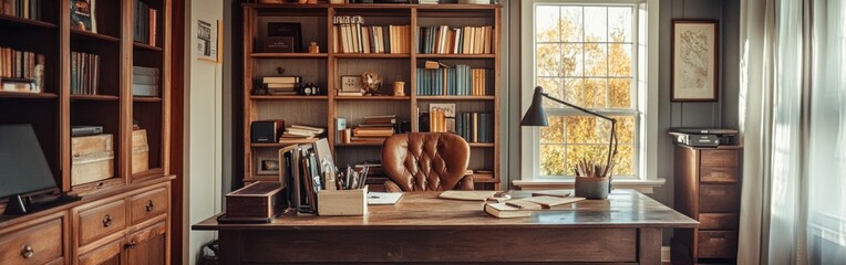 Canvas Print - Cozy office space with wooden furniture, bookshelves, and natural light.