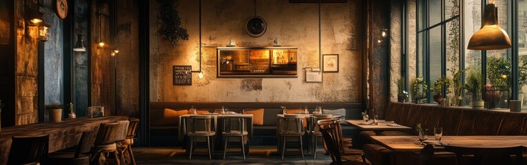 Poster - Cozy restaurant interior with rustic decor and warm lighting, ideal for dining and socializing.