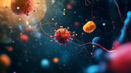 Leinwandbilder - A vibrant depiction of microscopic organisms reveals their dynamic interactions in an abstract setting, showcasing the intricate details and complexity of cellular life through a digital lens.