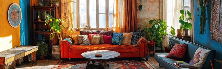 Wall Mural - A vibrant, cozy living room filled with plants, colorful cushions, and natural light.