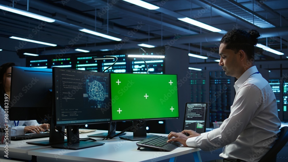 Engineer using AI tech on green screen PC to do checkup in server room ...