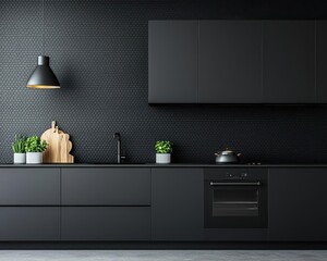 Sleek black kitchen with metallic geometric wallpaper and minimalist decor, chic aesthetic