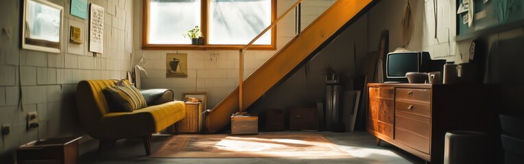 Canvas Print - A cozy living space featuring a sofa, wooden furniture, and natural light from a window.