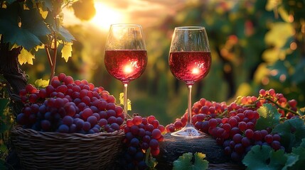 Romantic evening with two glasses of red wine in lush vineyard setting