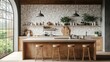 ©  Green Creator - French country kitchen with toile-patterned wallpaper and rustic wood details