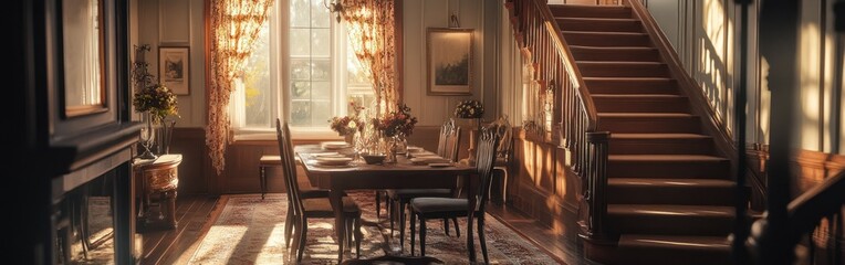 Canvas Print - A cozy dining room with a staircase, featuring a table set for a meal and warm lighting.