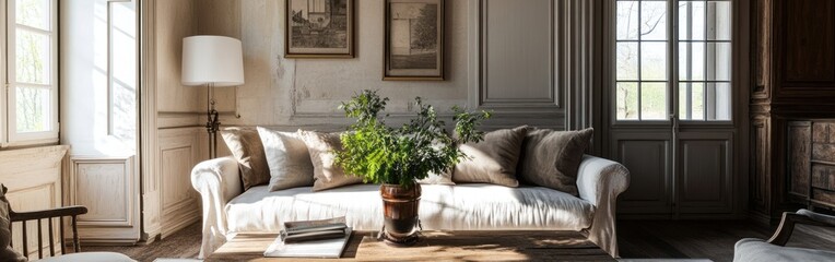 Sticker - A cozy living room featuring a sofa, coffee table, and decorative plants.