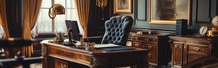 Elegant office interior with a vintage desk, chair, and decorative elements.