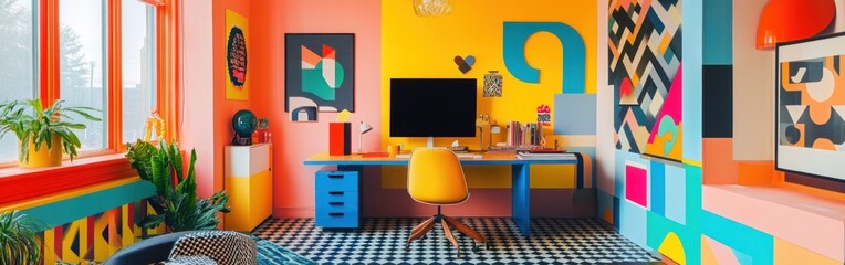 Canvas Print - A vibrant home office featuring colorful walls, modern furniture, and a creative atmosphere.