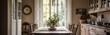 © BerkahStock - A cozy dining room with a wooden table, chairs, and natural light from large windows.