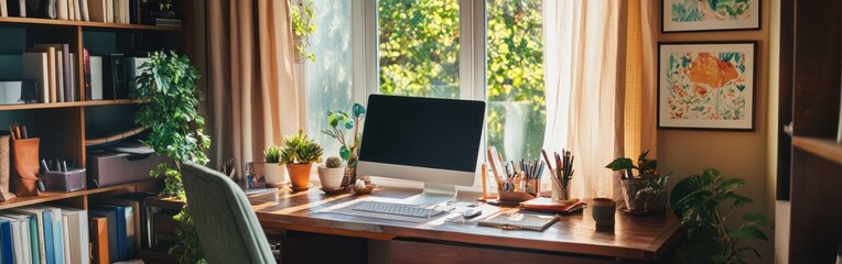 Sticker - A cozy workspace with a desk, computer, plants, and artwork by the window.